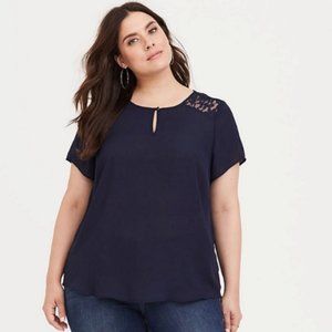 Torrid Abbey Navy Blue Georgette Keyhole Lace Short Sleeve Blouse Size 2X
